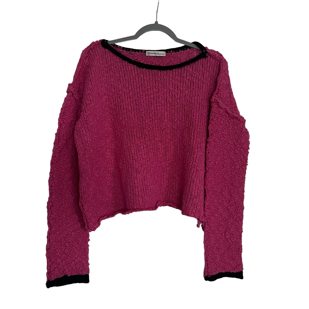 Zenana Sweater Womens Medium Magenta Pink Good Textured Knit Contrast Trim Boxy